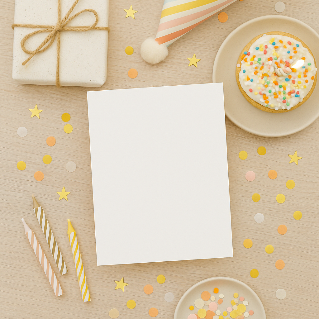 Free birthday card mockup with donut, gift, party hat, candles, and confetti.