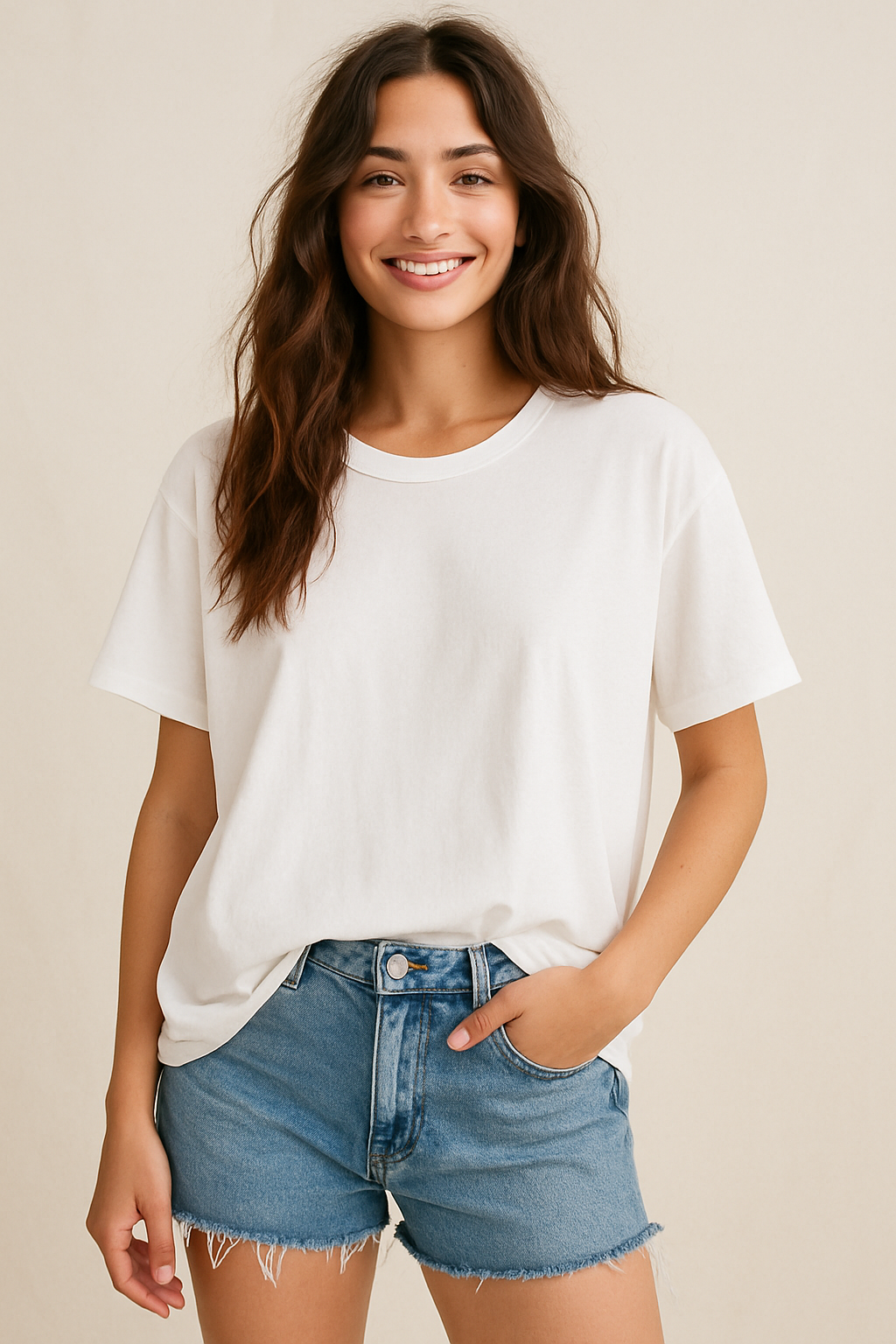 Woman wearing a white t-shirt and denim shorts, free mockup.