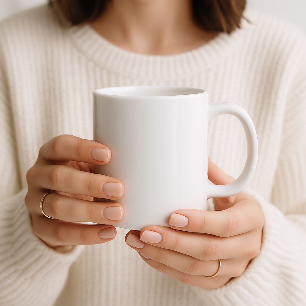 White mug held by hands wearing a cream knit sweater and gold rings. Cozy moment mockup.
