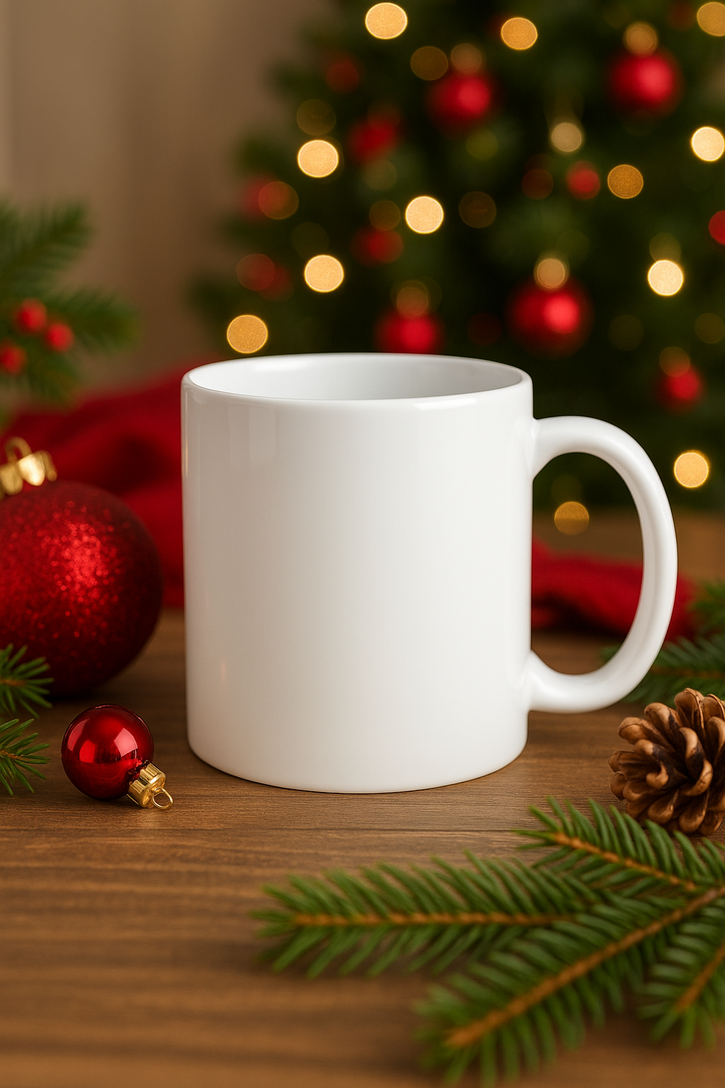 White ceramic mug mockup on a wooden table with Christmas tree, ornaments, pine branches, and pine cone in the backgroun