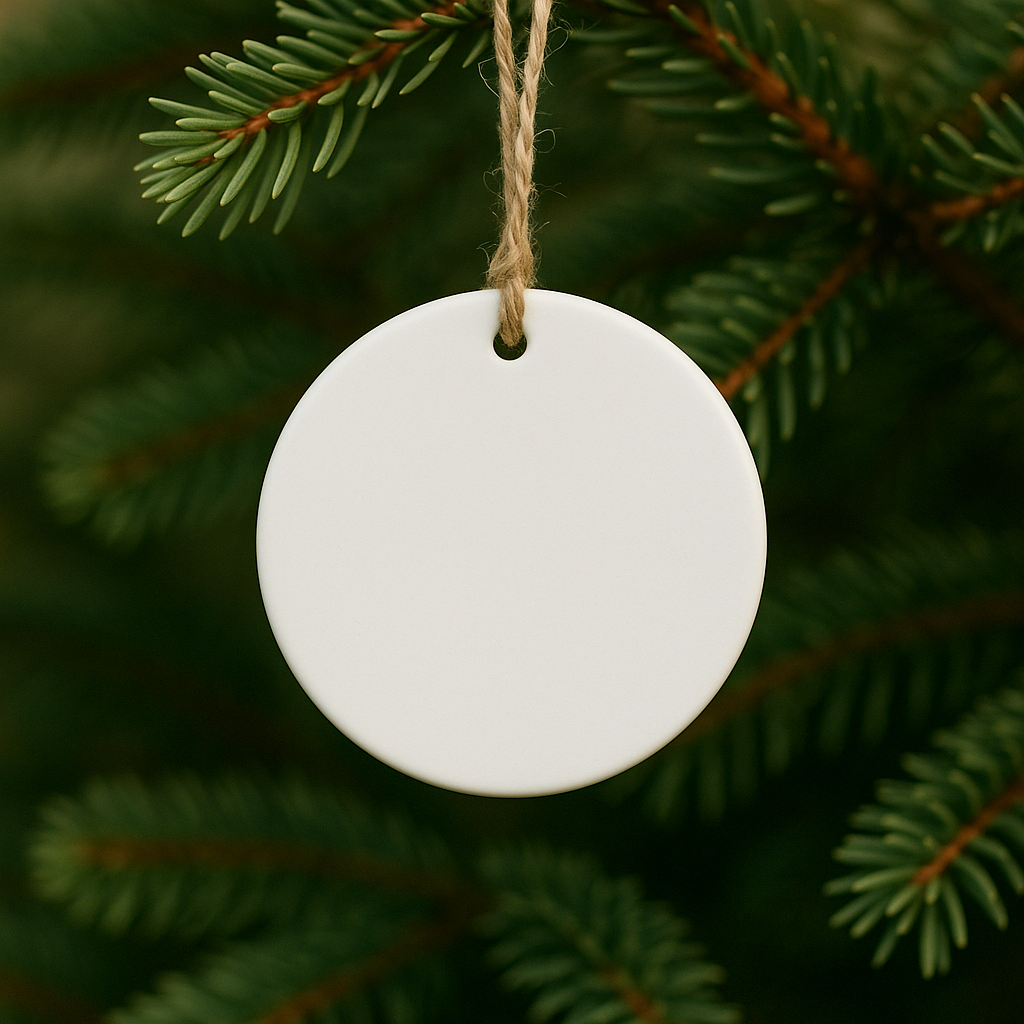 Blank white ceramic round ornament hanging from jute twine on a pine tree branch.
