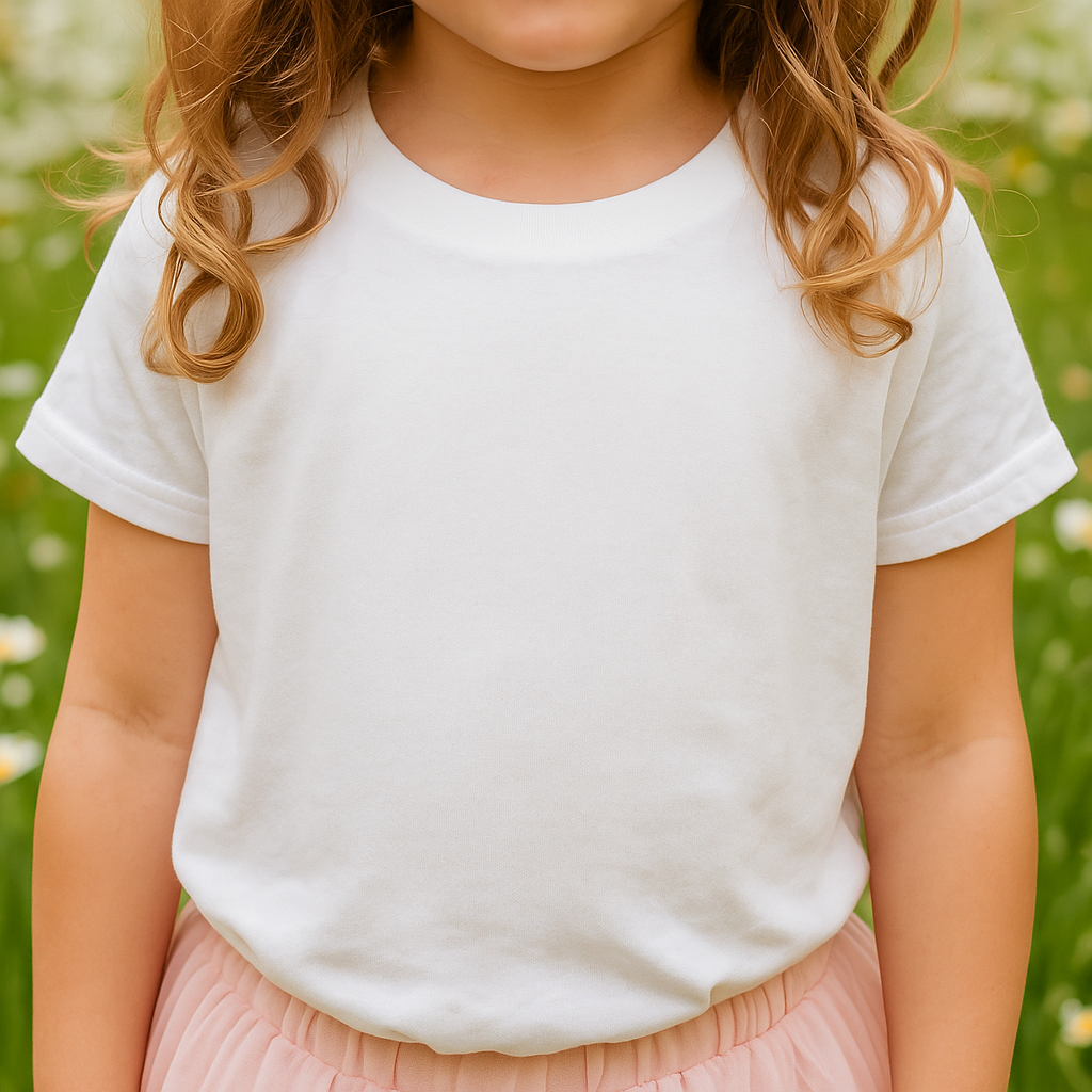 Child wearing a plain white t-shirt and pink skirt in a field of daisies.