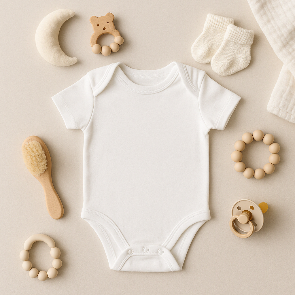 Minimalist flatlay featuring a white baby onesie surrounded by wooden baby toys, socks, and a moon plush.