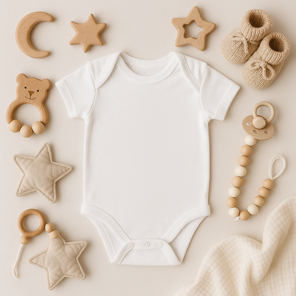 Minimalist baby flatlay with a white onesie, wooden moon and star toys, a bear rattle, booties, and a pacifier clip.