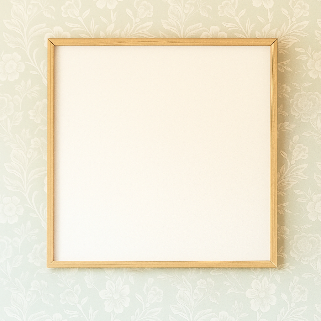 Square blank art frame mockup with floral wallpaper background, ideal for displaying 'Floral Name Art'.