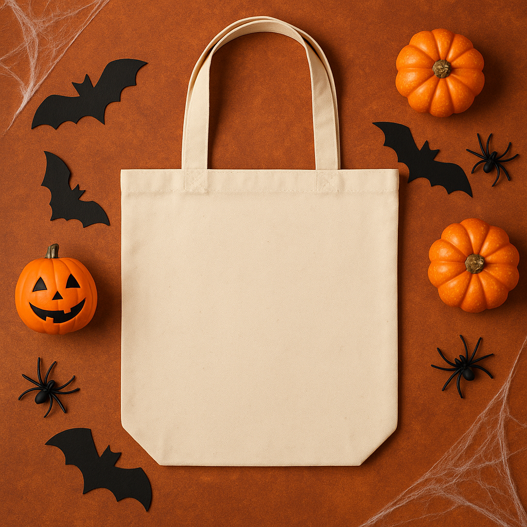 Free Halloween tote bag mockup with jack-o'-lantern, pumpkins, bats, spiders, and cobwebs on a brown background.