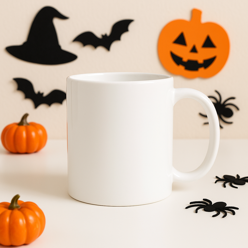 White mug surrounded by Halloween decorations including pumpkins, bats, a witch's hat, and spiders.