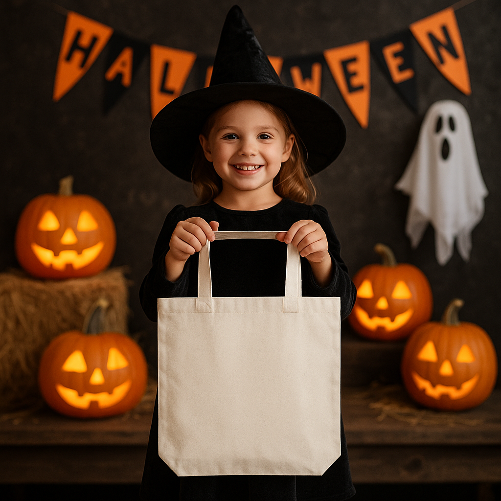 Free Halloween tote bag mockup with a young witch holding a blank bag, pumpkins, and a "HALLOWEEN" banner.
