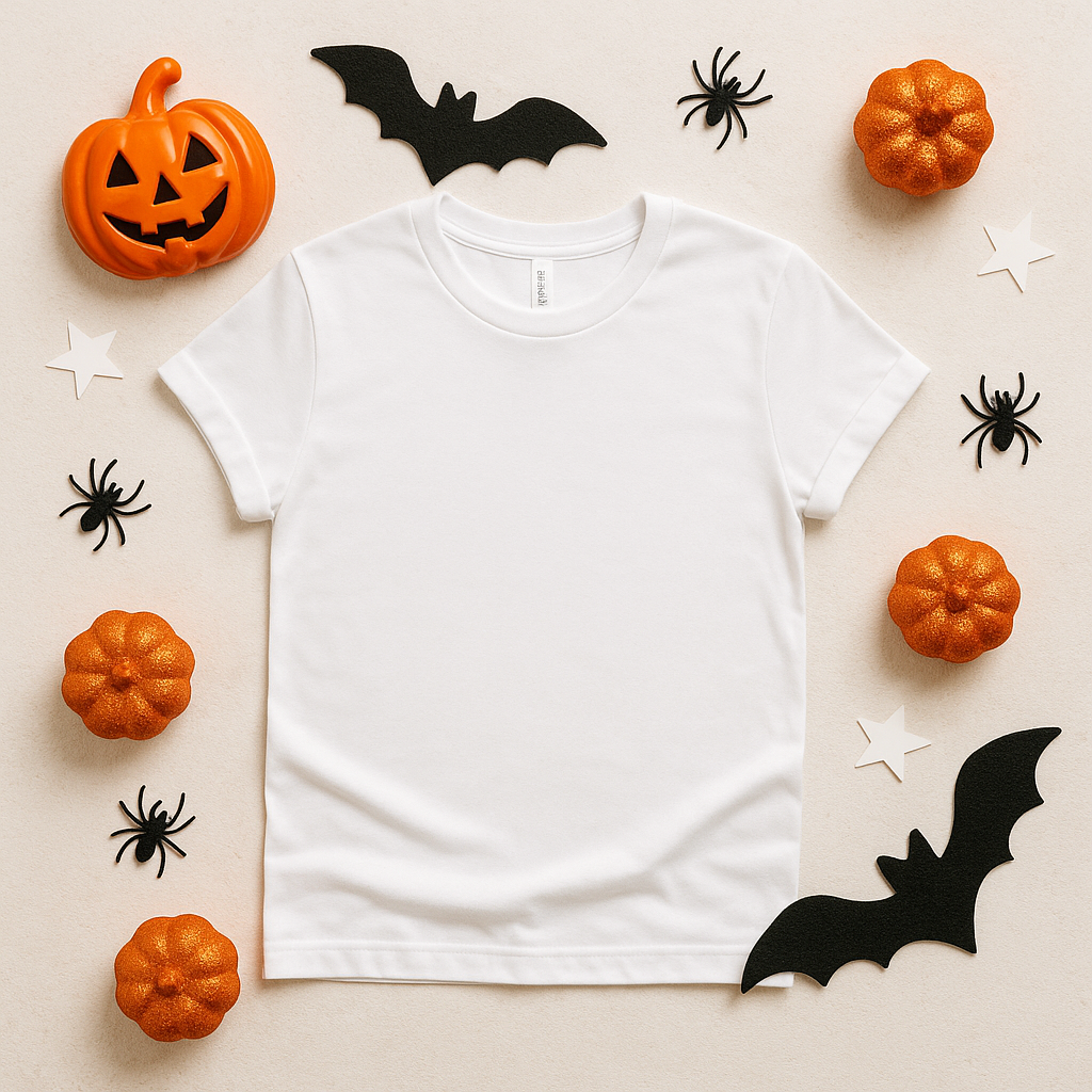 White t-shirt mockup with Halloween decorations including jack-o-lantern, pumpkins, bats, and spiders.