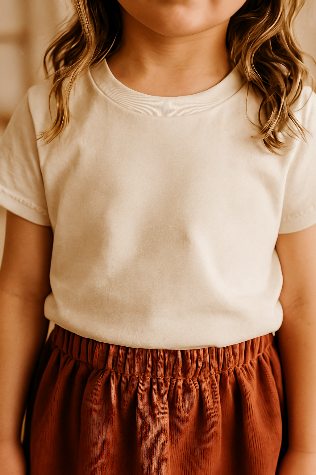 Close-up of a child's tan t-shirt and rust corduroy skirt. Mockup for 'Merry Lettered Shirt' designs, implied Christmas 