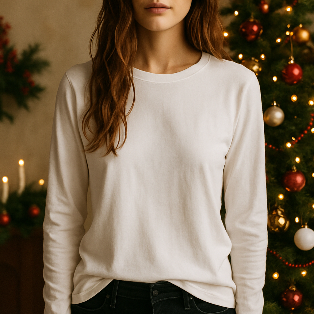 Woman in a cream long-sleeve t-shirt mockup with a Christmas tree and garland in the background.
