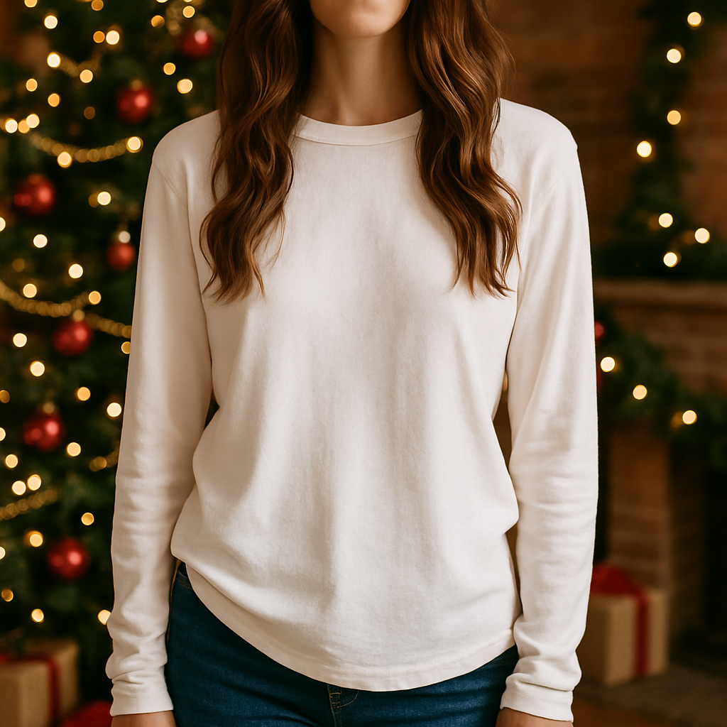 Woman in a cream long sleeve shirt mockup with a festive Christmas tree and fireplace in the background.