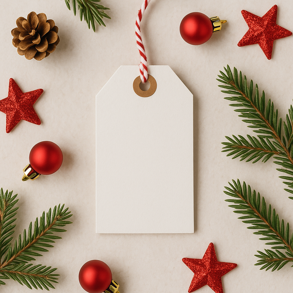 Blank white Christmas gift tag mockup surrounded by pine branches, red glitter stars, and red baubles on a neutral backg
