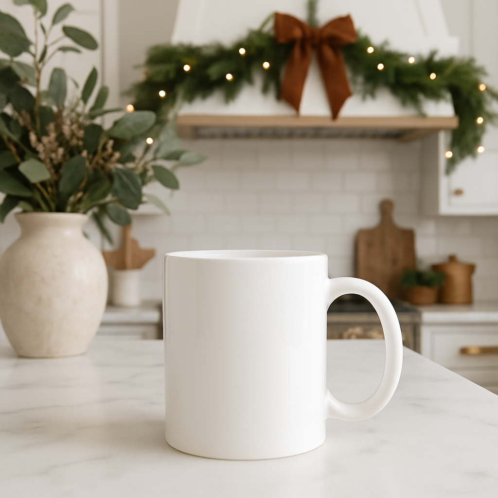White mug with "Cozy Christmas" theme in a kitchen with festive garland and lights.