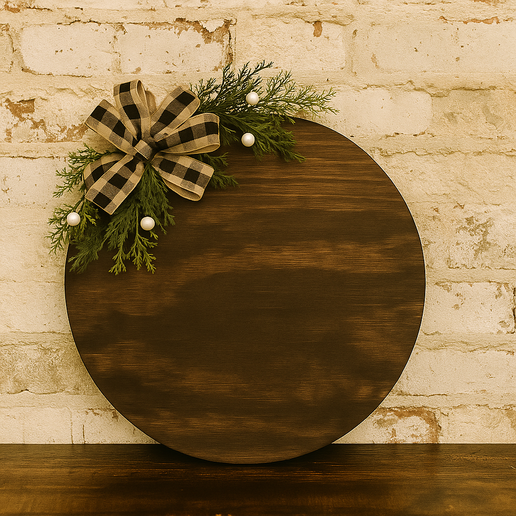 Rustic round wood sign with buffalo check bow, cedar sprigs, and white pearls against a brick background.