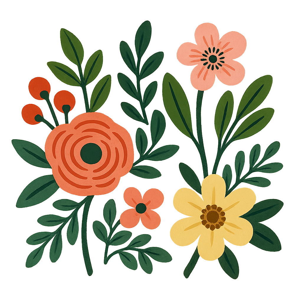 A collection of isolated flowers and leaves in coral, yellow, and pink, with red berries, set against a black background