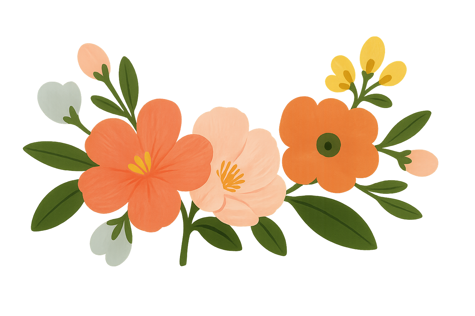 Floral illustration with coral, peach, and orange flowers and green leaves on a black background.
