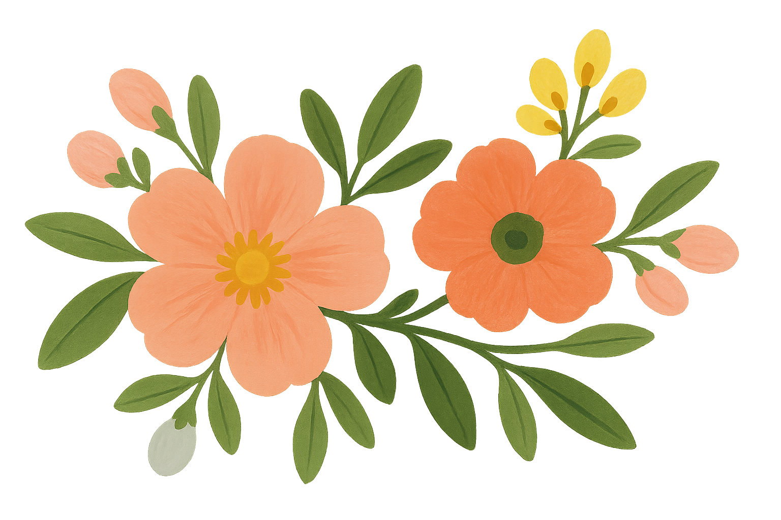 A floral arrangement with orange and peach flowers, green leaves, and buds on a black background.