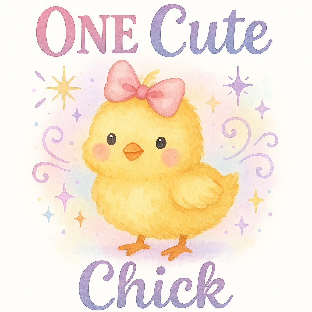 Watercolor illustration of a cute yellow chick wearing a pink bow, with text "ONE Cute Chick" and pastel stars.