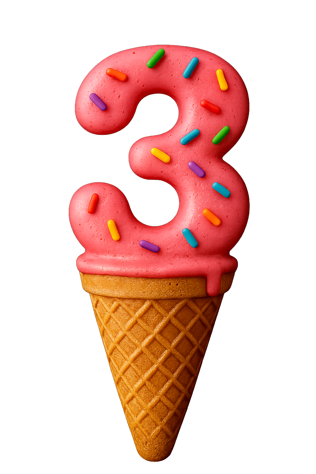 Pink donut shaped number 3 with sprinkles on an ice cream cone.