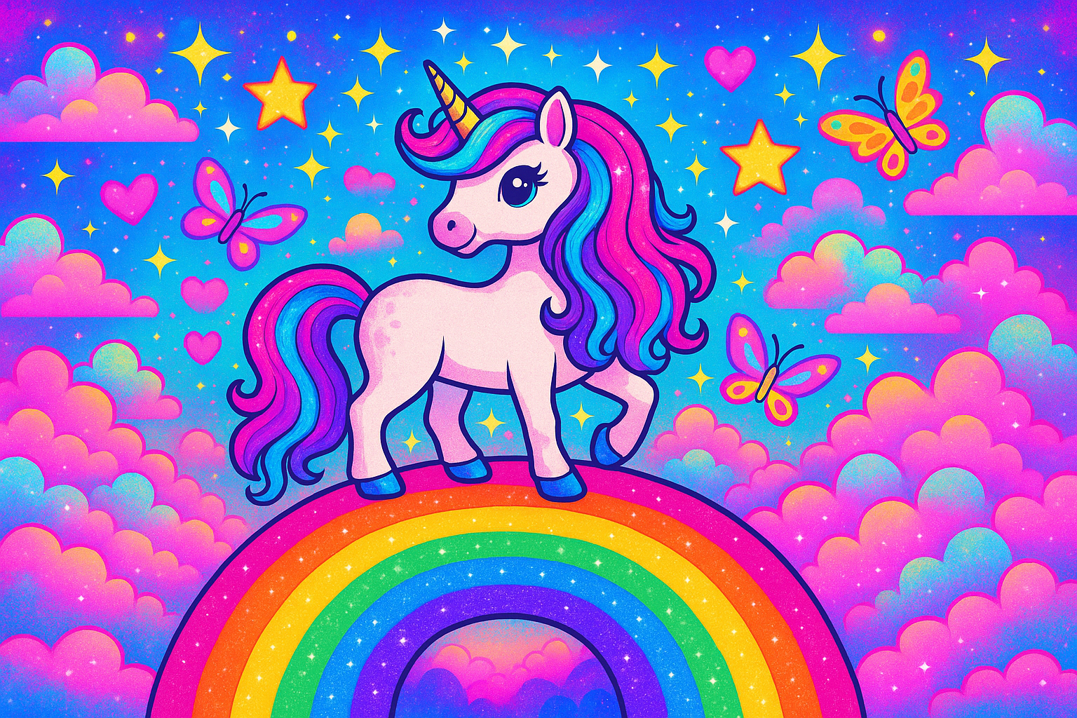 A pink unicorn with a colorful mane stands on a rainbow against a starry blue sky with pink clouds and butterflies.