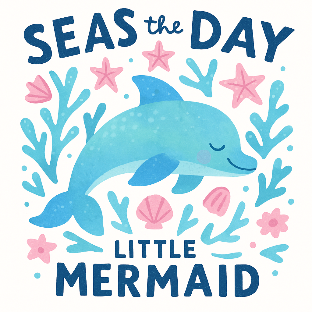 A blue watercolor dolphin surrounded by coral, starfish, and shells, with the text "SEAS the DAY" and "LITTLE MERMAID".