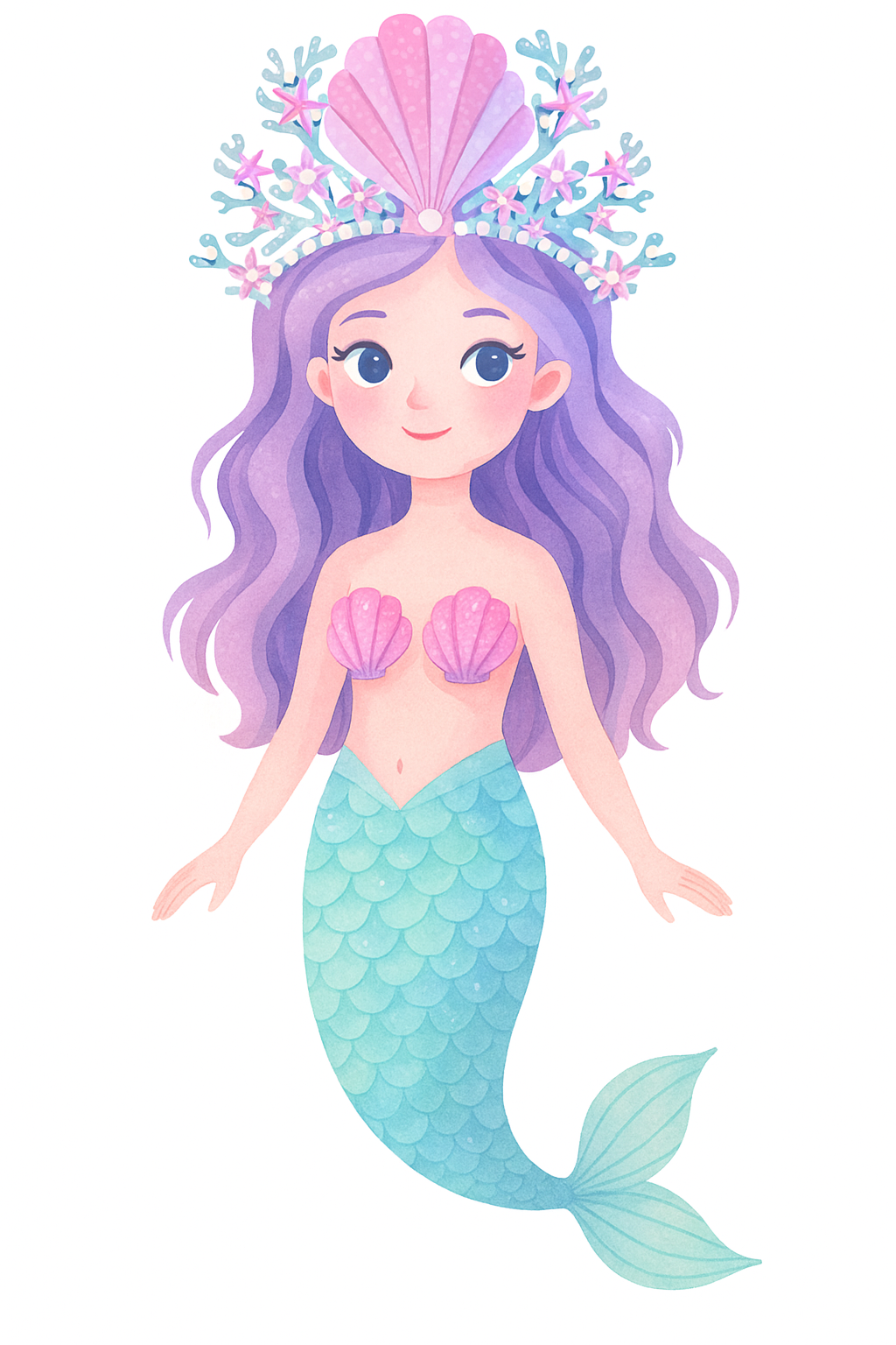 Watercolor mermaid with purple hair and a seashell crown decorated with coral and starfish.