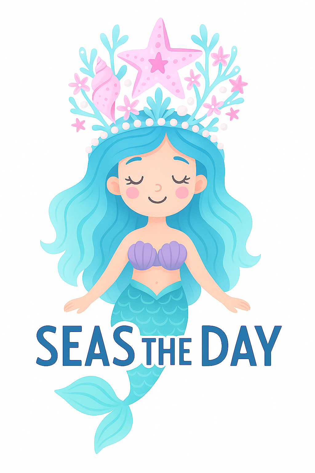 Whimsical mermaid with blue hair and seashell bra, crowned with starfish and flowers, with the text "SEAS THE DAY".