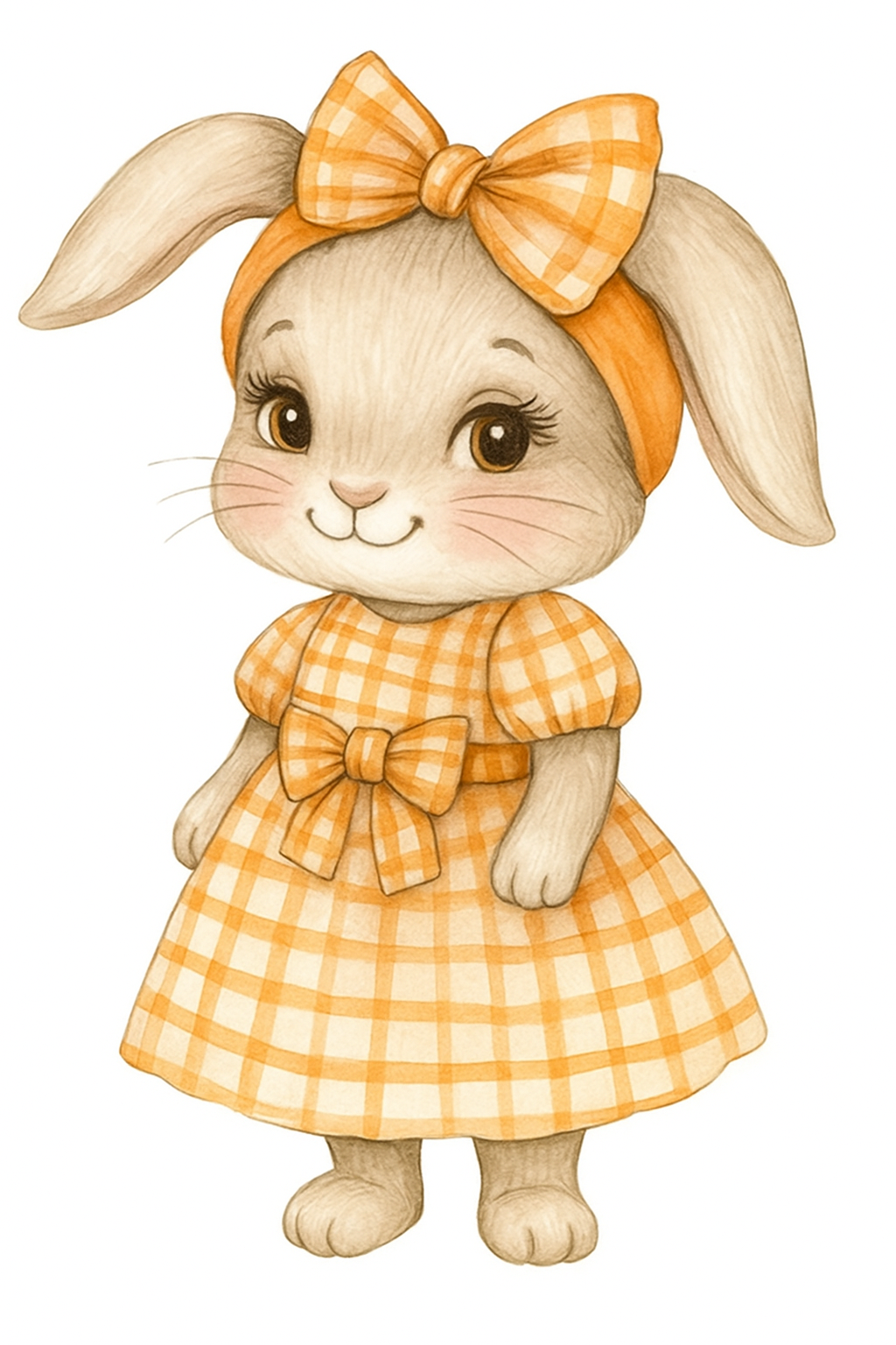 Cute bunny wearing an orange checkered dress and a matching bow headband.