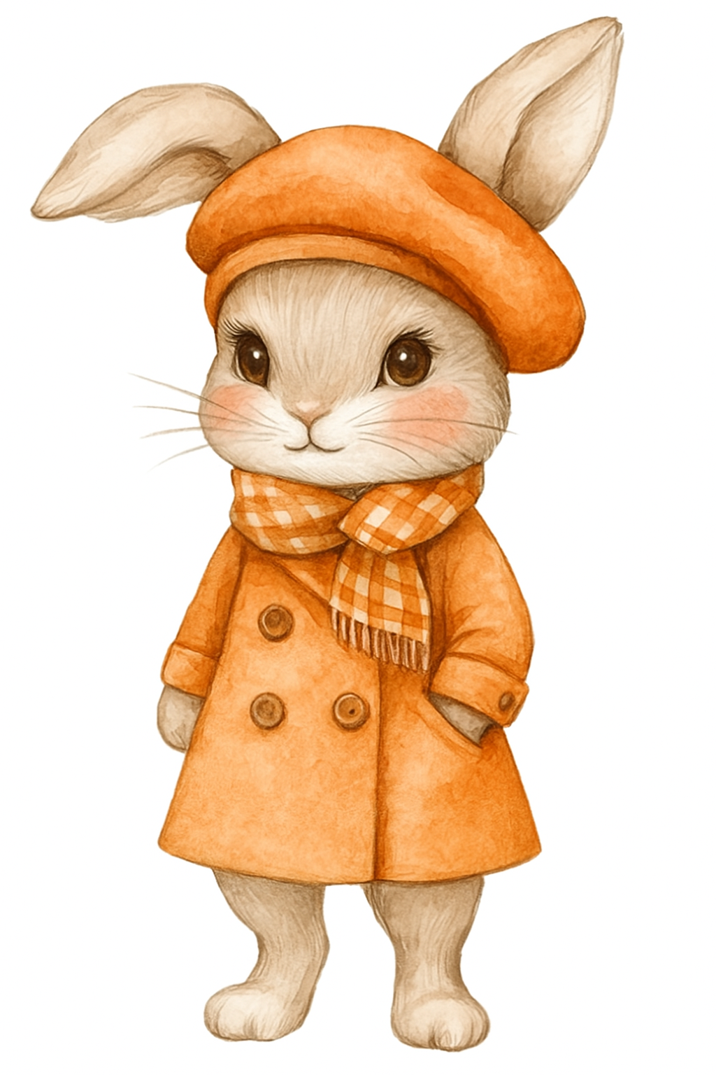Cute watercolor bunny wearing an orange coat, beret, and plaid scarf.