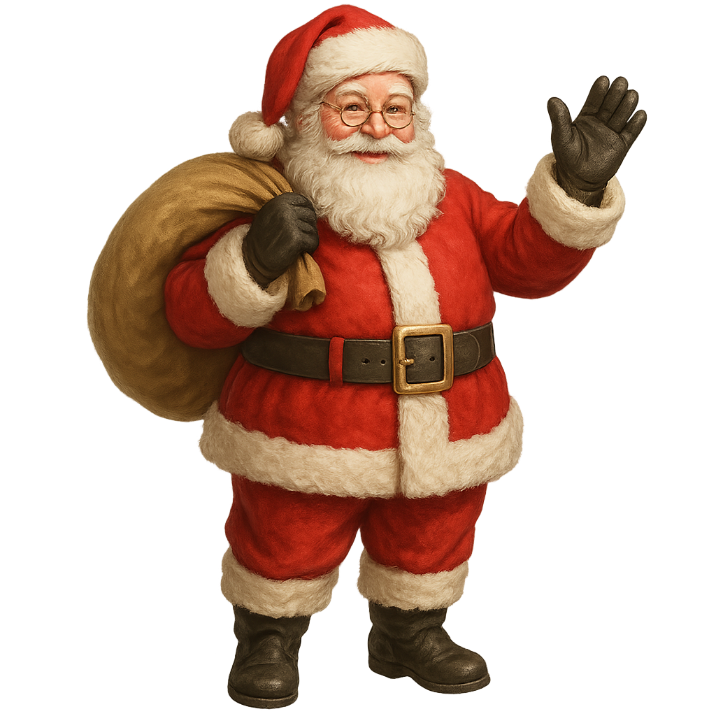 Santa Claus waving and holding a sack of gifts, with a festive holiday theme.