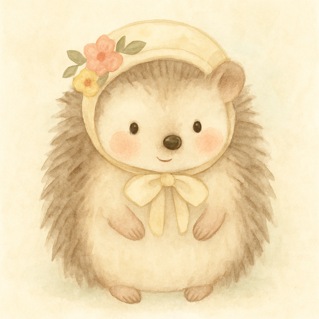 An adorable hedgehog wearing a yellow bonnet decorated with pink and yellow flowers and green leaves. Text reads "Adorab