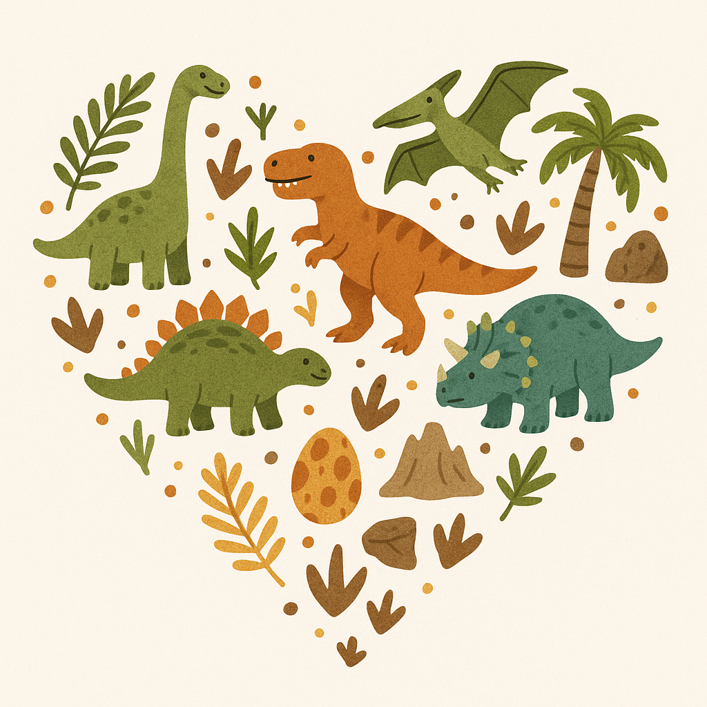 Heart shape filled with cartoon dinosaurs, a dinosaur egg, trees, volcanoes, leaves, and footprints.
