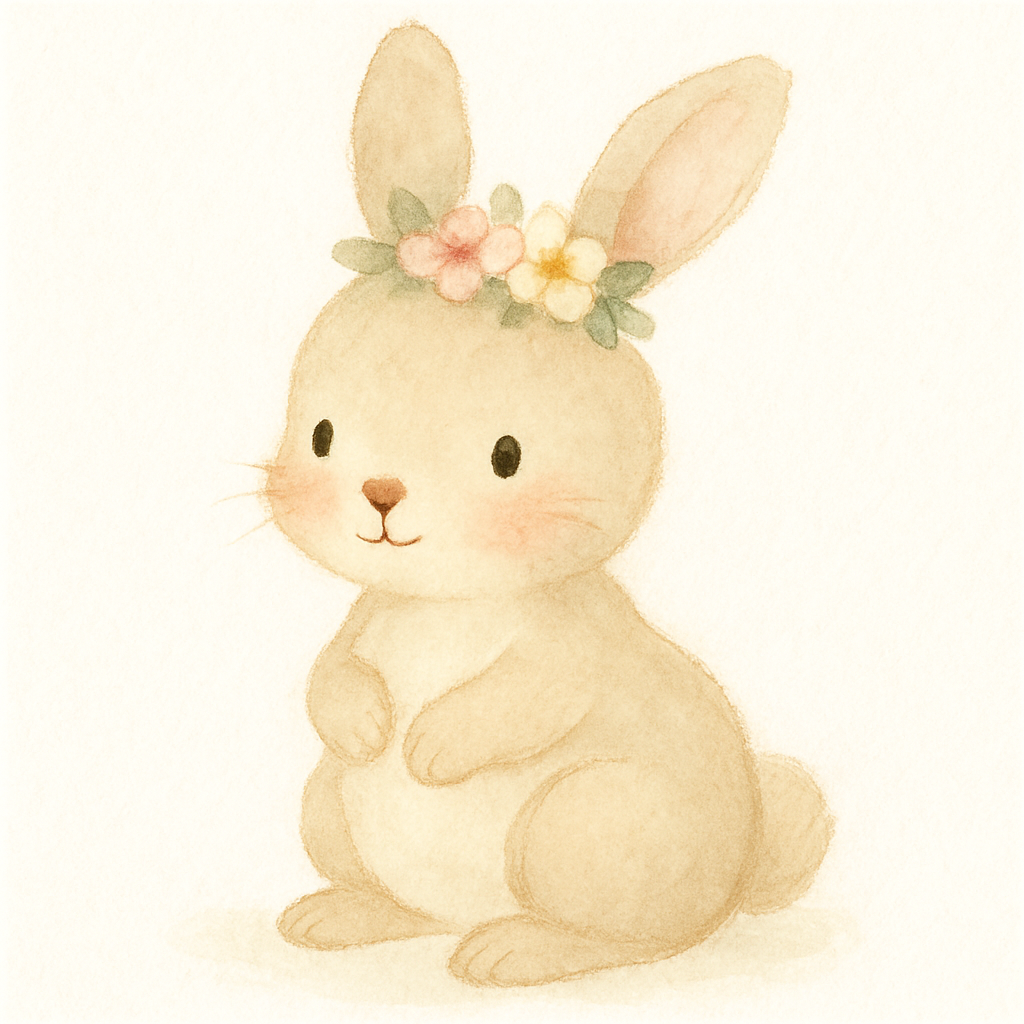 Whimsical watercolor bunny with a crown of pink and yellow flowers and green leaves.