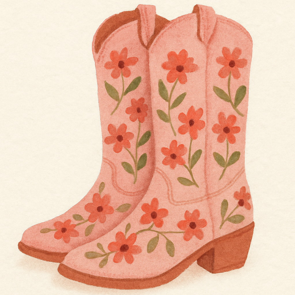 Pink cowgirl boots with red-orange flowers and green leaves, watercolor style.