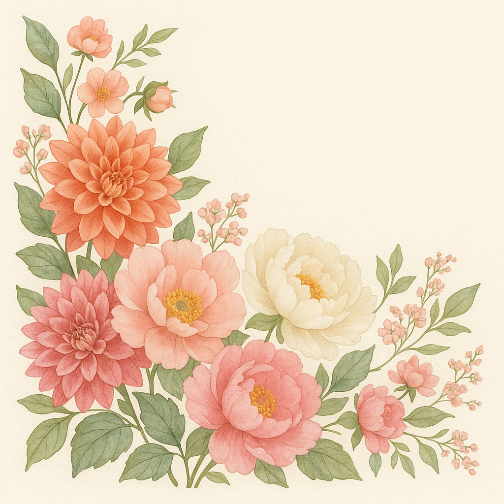 Watercolor corner arrangement of coral, pink, and cream dahlias and peonies with green leaves.
