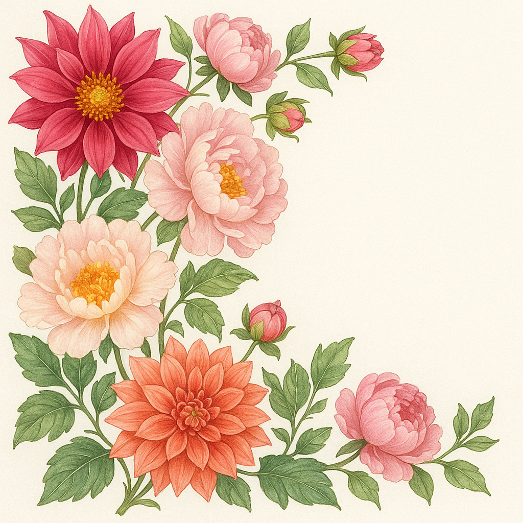 Corner arrangement of pink, red, and coral dahlias and peonies with green leaves.