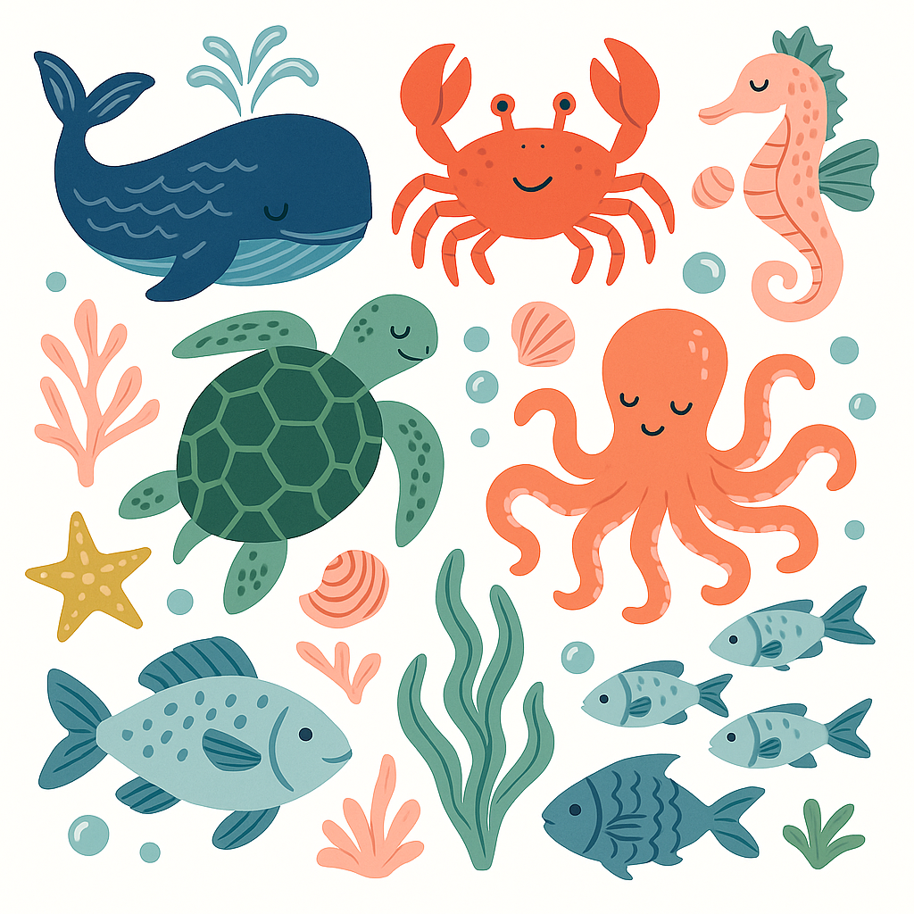 A collection of cute cartoon underwater creatures including a whale, crab, seahorse, turtle, octopus, fish, starfish, sh
