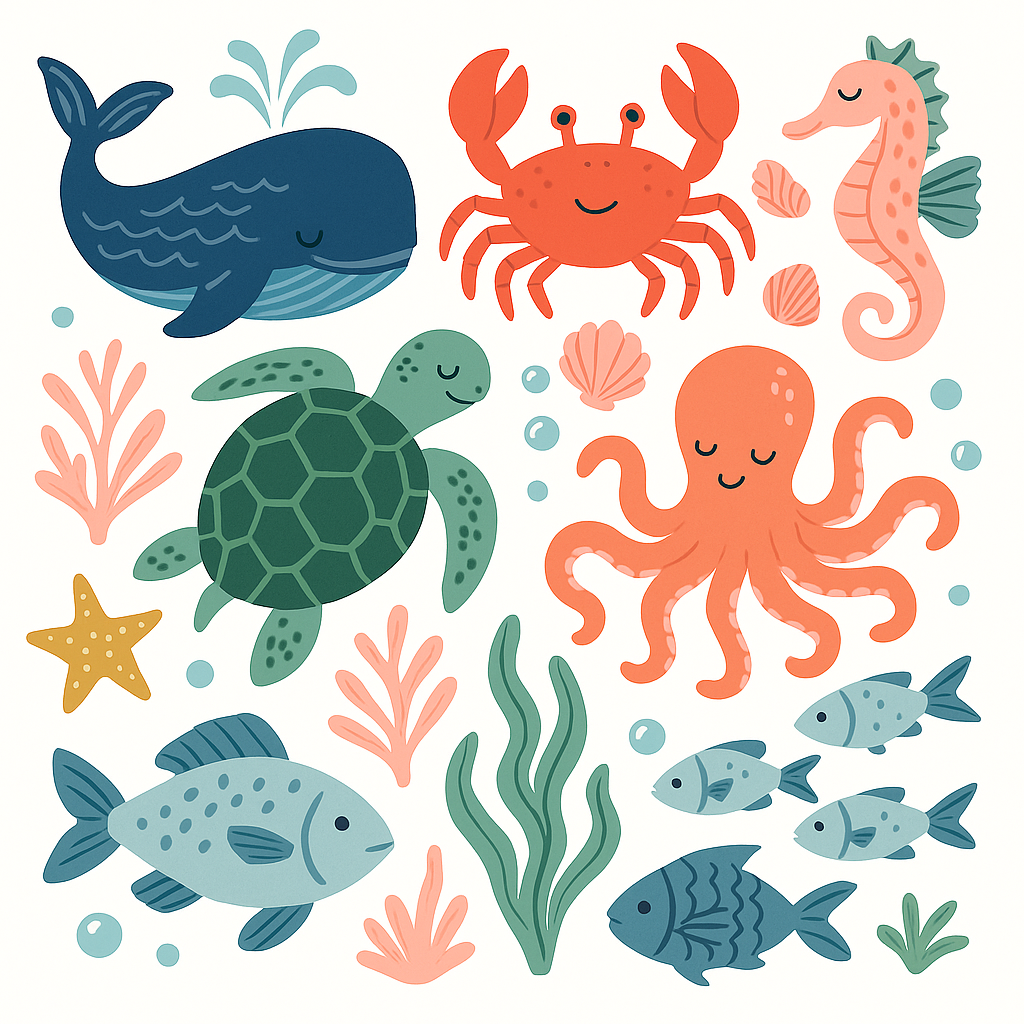 Collage of cute cartoon underwater creatures including a whale, turtle, crab, seahorse, octopus, fish, shells, coral, an