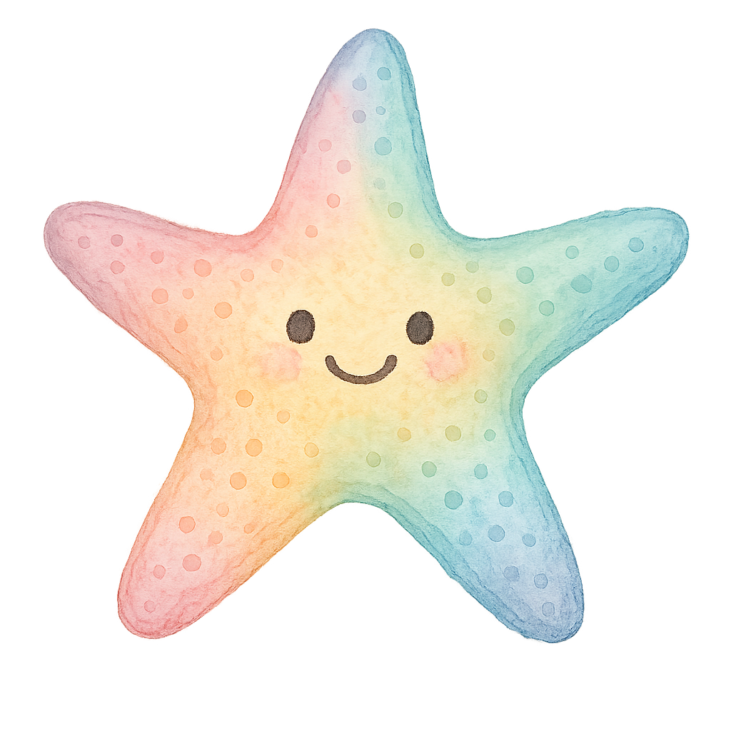 Cute pastel rainbow starfish with a happy face and rosy cheeks.