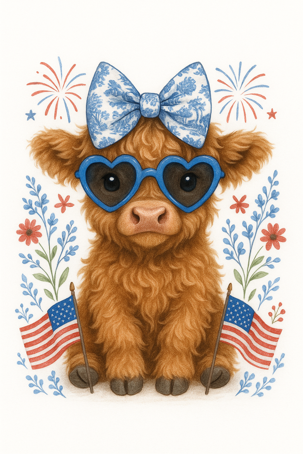 Patriotic Highland cow wearing a blue bow and heart sunglasses, with American flags and fireworks.