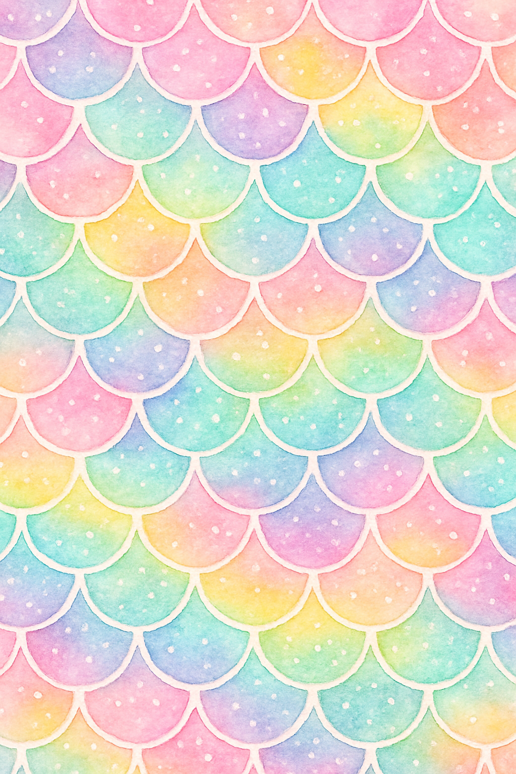 Pastel watercolor mermaid scales in pink, purple, blue, green, and yellow with white speckles.