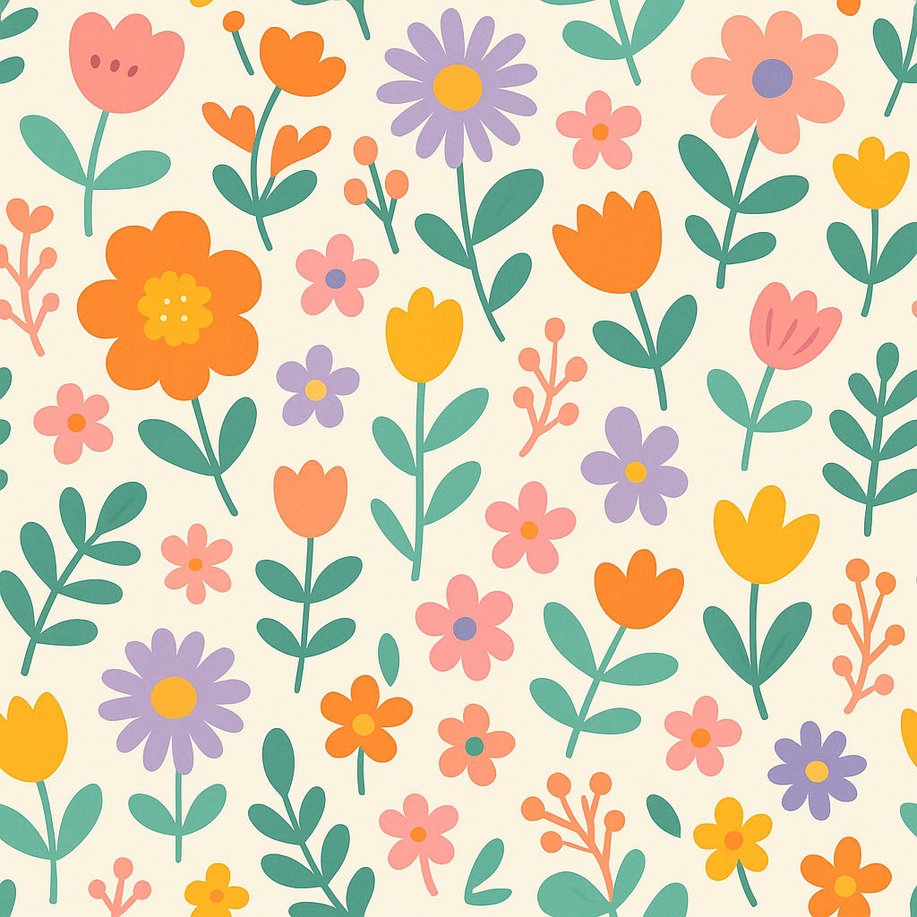 Whimsical floral seamless pattern with pink, orange, yellow, and purple flowers and teal leaves.