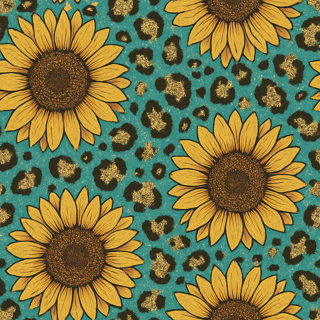 Repeating pattern of yellow sunflowers on a retro teal leopard print background with gold glitter accents.