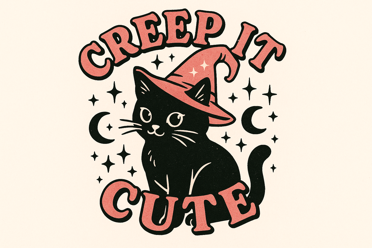 Black cat wearing a witch hat with text "CREEP IT CUTE" surrounded by stars and moons.