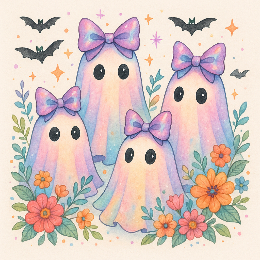 Four cute ghosts with pastel rainbow bows surrounded by flowers and leaves, with bats flying above.