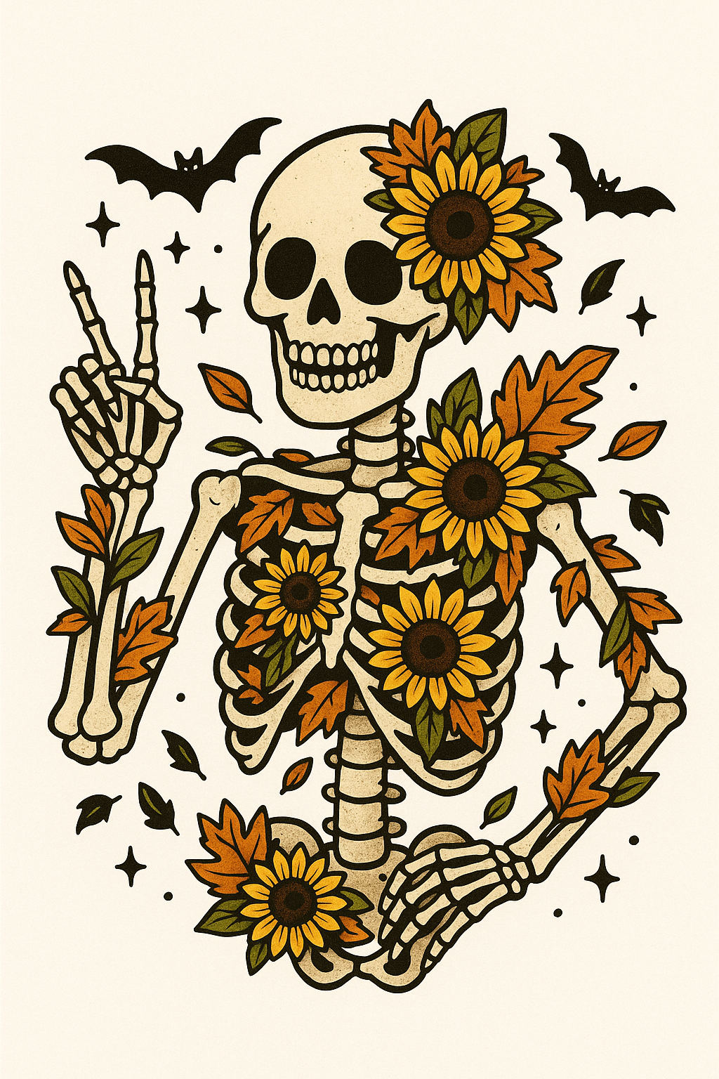 Skeleton making a peace sign, surrounded by sunflowers, autumn leaves, bats, and stars.