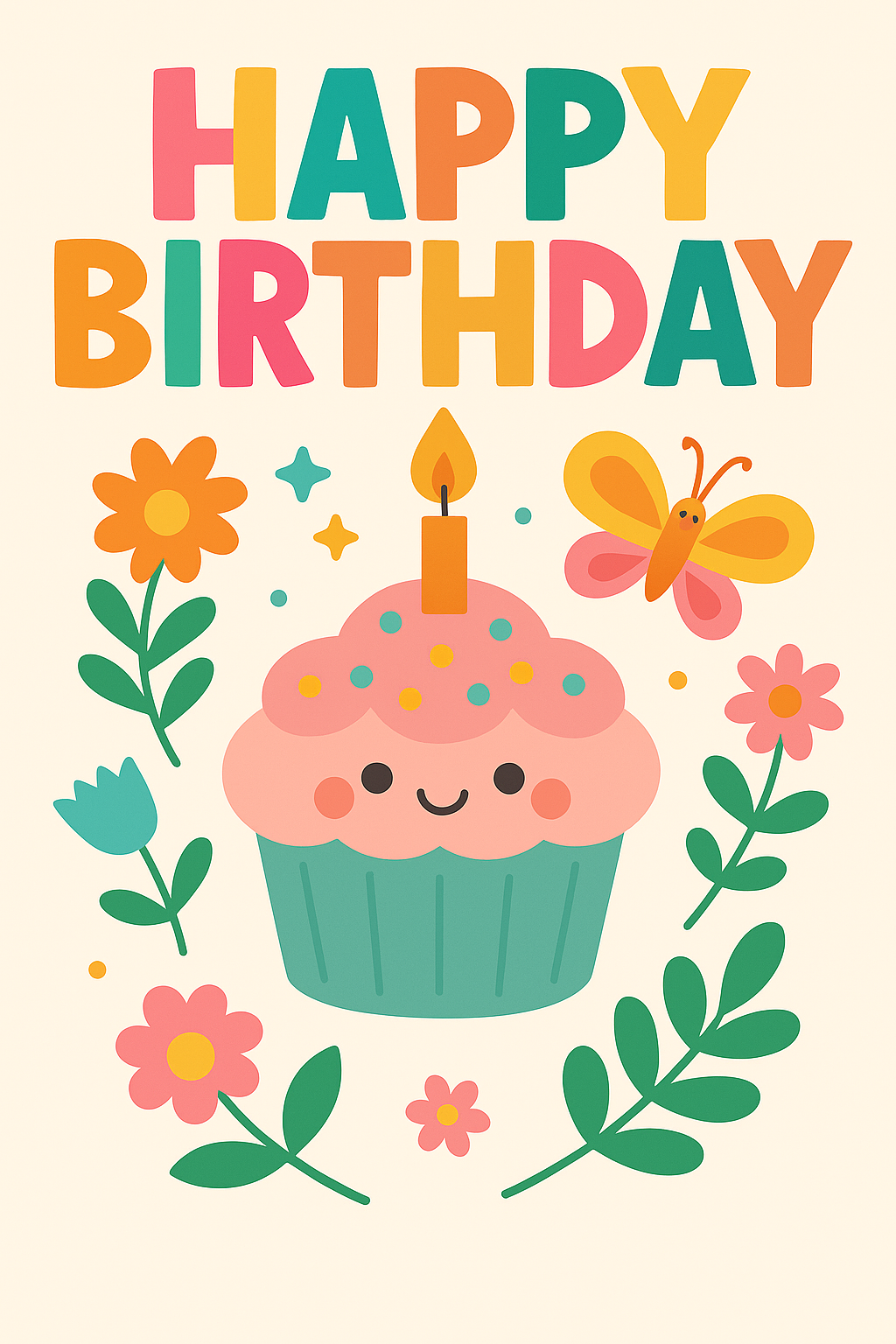 Happy Birthday text above a cute cupcake with a candle, surrounded by flowers, leaves, and a butterfly.