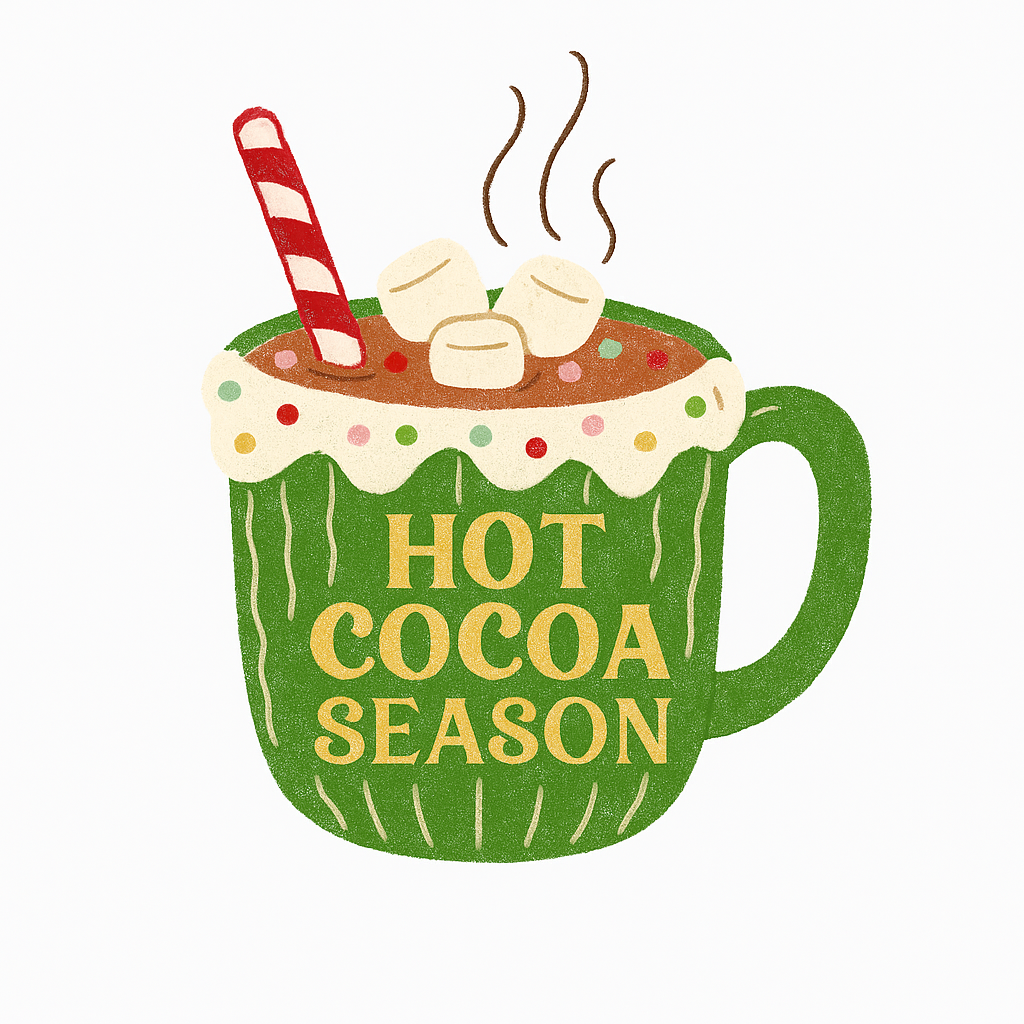 Hot cocoa mug with marshmallows, candy cane, and "HOT COCOA SEASON" text.