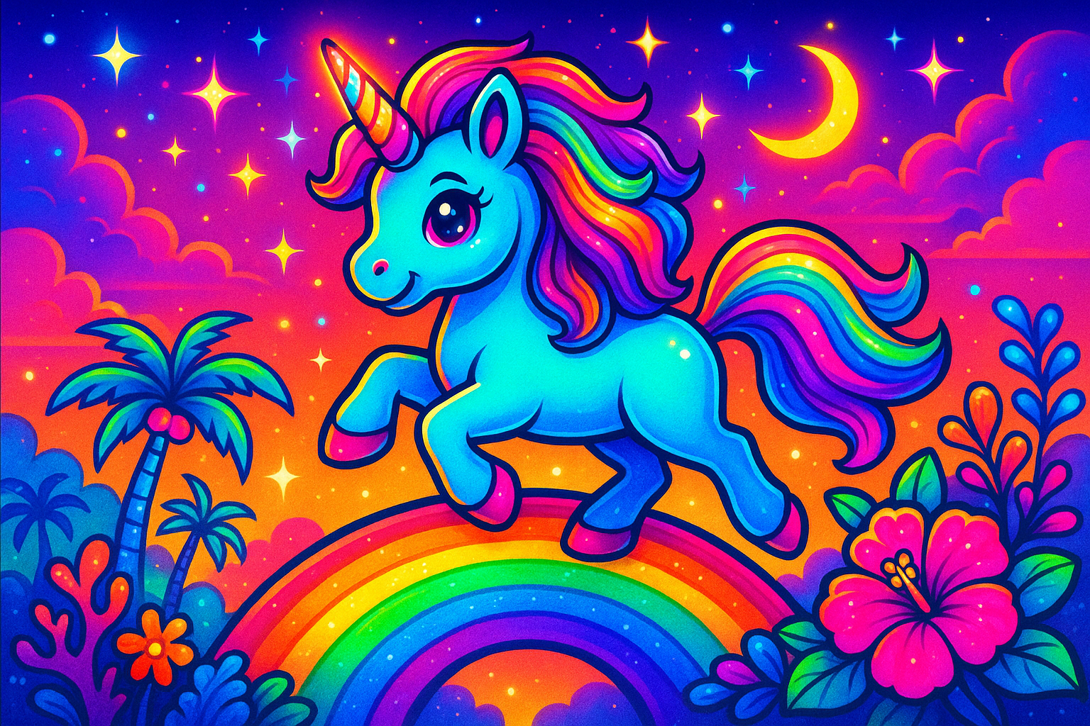 Cartoon blue unicorn with rainbow mane and tail on a rainbow, under a starry sky with moon, palm trees and hibiscus.